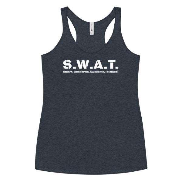 Womens vintage navy racerback tank top, black text on one side says swat written out phonetically with smart wonderful awesome talented written out dictionary style underneath