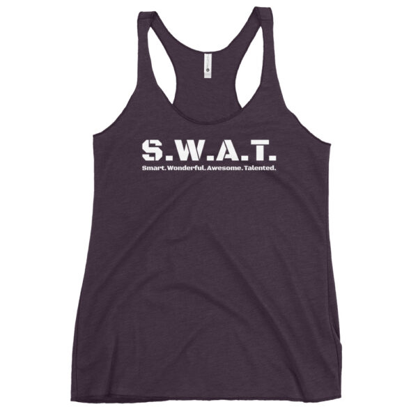 Womens vintage purple racerback tank top, white text on one side says swat written out phonetically with smart wonderful awesome talented written out dictionary style underneath