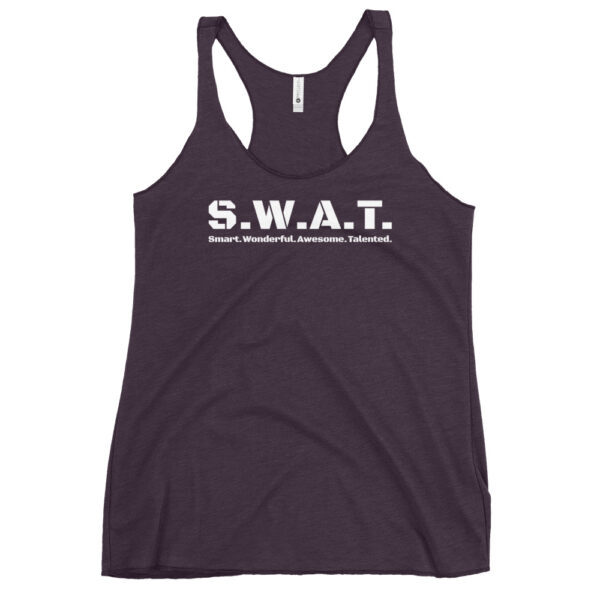 Womens vintage purple racerback tank top, white text on one side says swat written out phonetically with sexy wonderful awesome talented written out dictionary style underneath