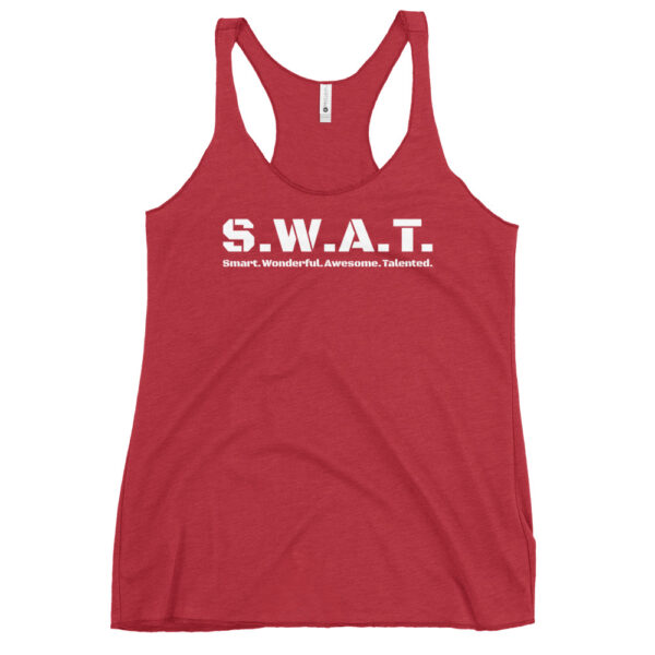 Womens vintage red racerback tank top, white text on one side says swat written out phonetically with smart wonderful awesome talented written out dictionary style underneath