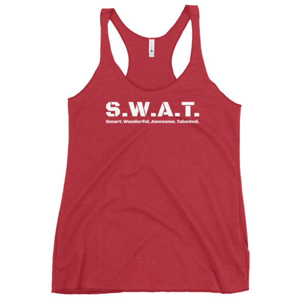 Womens vintage red racerback tank top, white text on one side says swat written out phonetically with sexy wonderful awesome talented written out dictionary style underneath