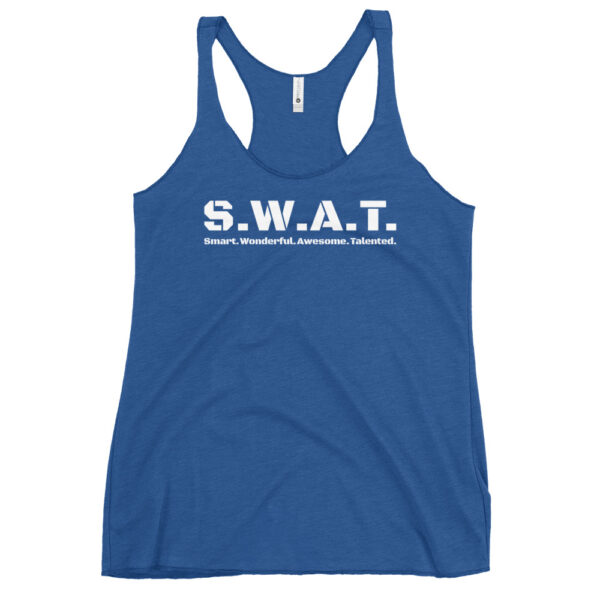 Womens vintage royal racerback tank top, white text on one side says swat written out phonetically with smart wonderful awesome talented written out dictionary style underneath