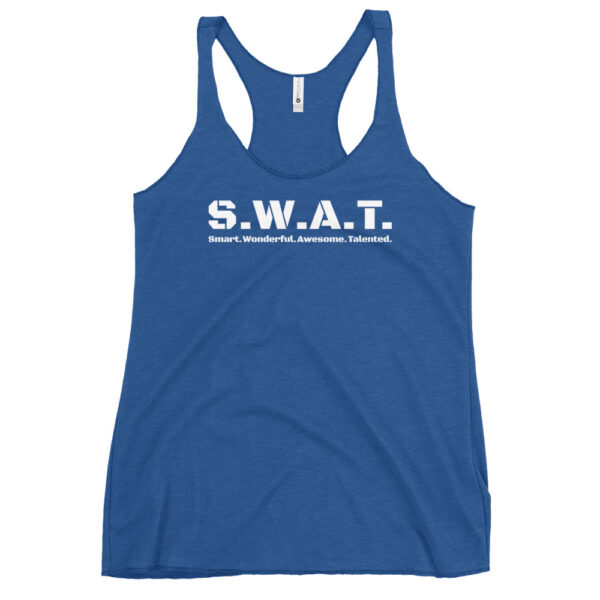 Womens vintage royal racerback tank top, white text on one side says swat written out phonetically with sexy wonderful awesome talented written out dictionary style underneath