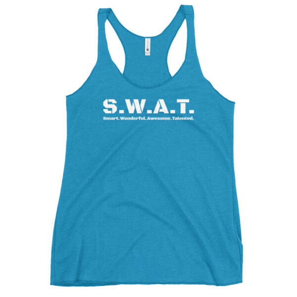 Womens vintage turquoise racerback tank top, white text on one side says swat written out phonetically with sexy wonderful awesome talented written out dictionary style underneath