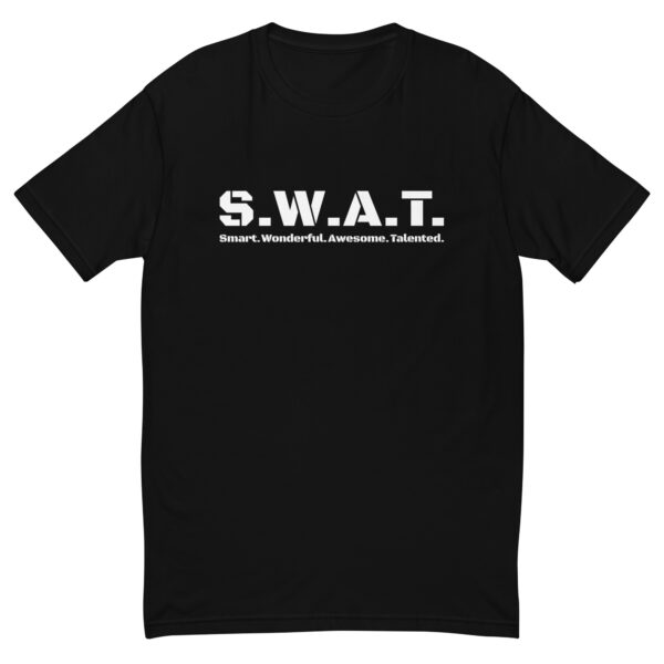 Mens black fitted t shirt, white text on one side says swat written out phonetically with smart wonderful awesome talented written out dictionary style underneath