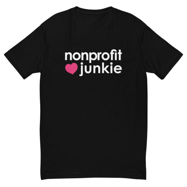 Mens black fitted t shirt, white text on one side says nonprofit junkie next to a pink heart