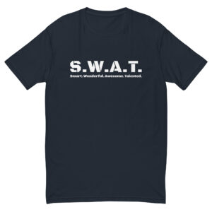 Mens midnight navy fitted t shirt, white text on one side says swat written out phonetically with smart wonderful awesome talented written out dictionary style underneath