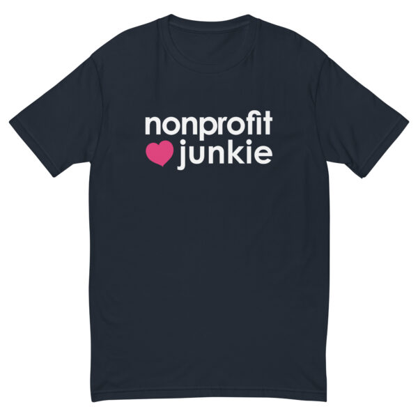 Mens midnight navy fitted t shirt, white text on one side says nonprofit junkie next to a pink heart