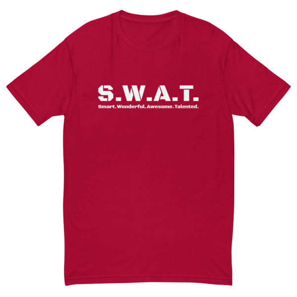 Mens red fitted t shirt, white text on one side says swat written out phonetically with smart wonderful awesome talented written out dictionary style underneath