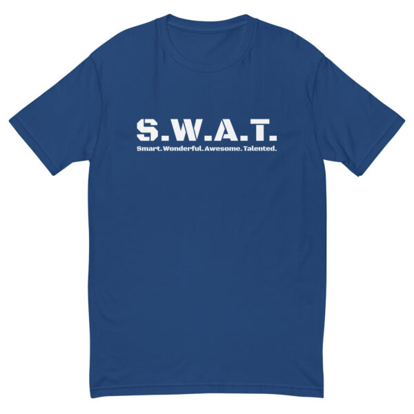 Mens royal blue fitted t shirt, white text on one side says swat written out phonetically with smart wonderful awesome talented written out dictionary style underneath