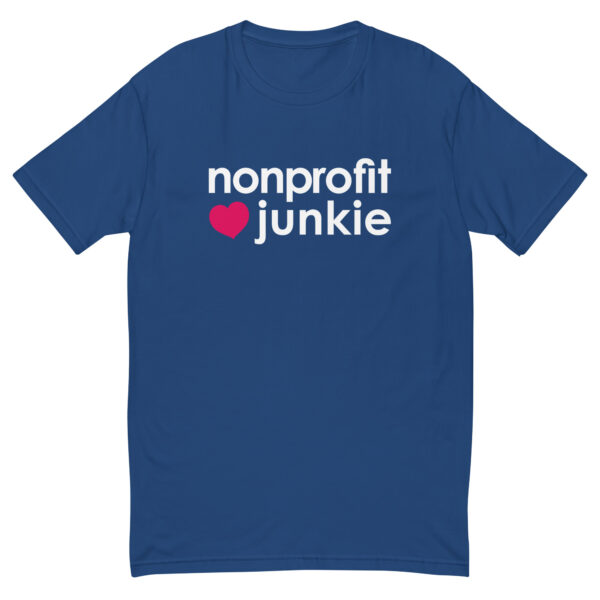 Mens royal blue fitted t shirt, white text on one side says nonprofit junkie next to a pink heart