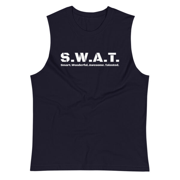 Unisex navy muscle tank, white text on one side says swat written out phonetically with smart wonderful awesome talented written out dictionary style underneath