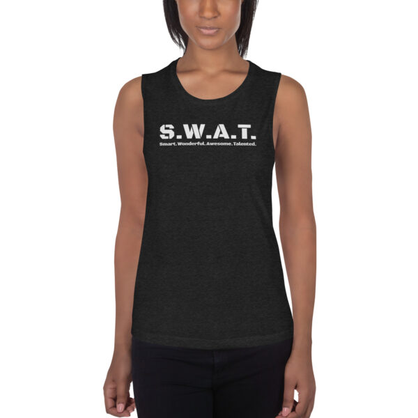 Womens heather black muscle tank, white text on one side says swat written out phonetically with smart wonderful awesome talented written out dictionary style underneath, on a woman