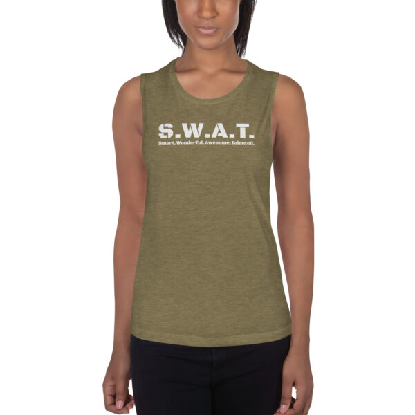 Womens heather olive muscle tank, white text on one side says swat written out phonetically with smart wonderful awesome talented written out dictionary style underneath, on a woman