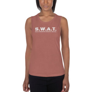 Womens mauve muscle tank, white text on one side says swat written out phonetically with smart wonderful awesome talented written out dictionary style underneath, on a woman