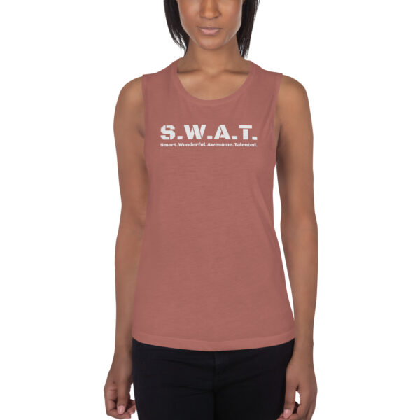 Womens mauve muscle tank, white text on one side says swat written out phonetically with smart wonderful awesome talented written out dictionary style underneath, on a woman