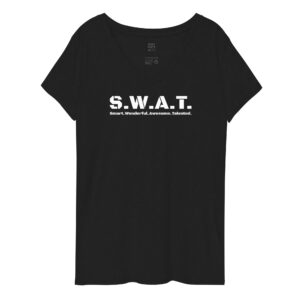 Womens black recycled v neck, white text on one side says swat written out phonetically with smart wonderful awesome talented written out dictionary style underneath