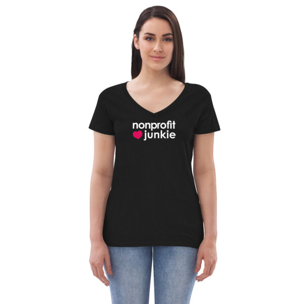 Womens black v neck t shirt, white text on one side says nonprofit junkie in regular arial font next to a pink heart