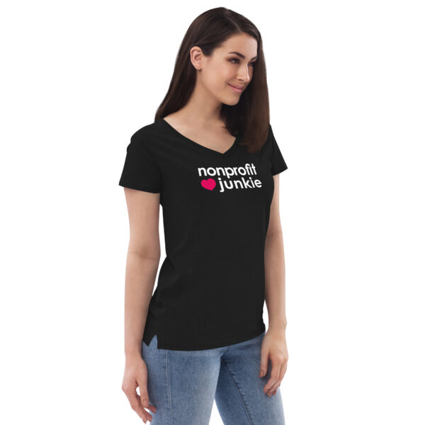 Womens black v neck t shirt, white text on one side says nonprofit junkie in regular arial font next to a pink heart