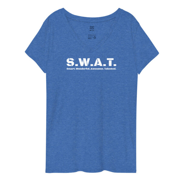 Womens heather blue recycled v neck, white text on one side says swat written out phonetically with smart wonderful awesome talented written out dictionary style underneath