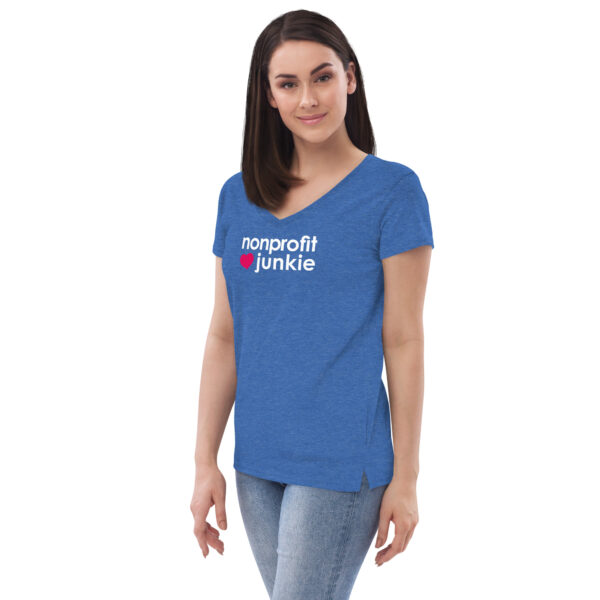 Womens heather blue v neck t shirt, white text on one side says nonprofit junkie in regular arial font next to a pink heart