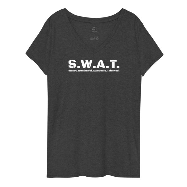 Womens charcoal heather recycled v neck, white text on one side says swat written out phonetically with smart wonderful awesome talented written out dictionary style underneath