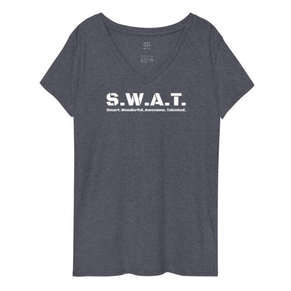 Womens heather navy recycled v neck, white text on one side says swat written out phonetically with smart wonderful awesome talented written out dictionary style underneath