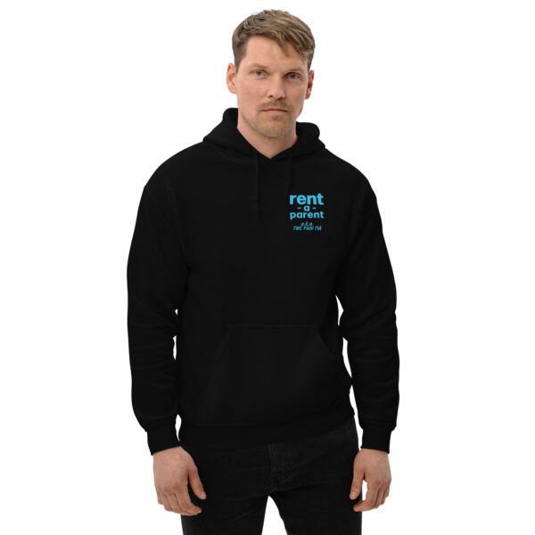 Unisex black heavy blend hoodie on man, blue text on one side says rent - a - parent in regular arial like font with a . k . a the fun tia underneath in italic like font