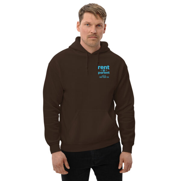 Unisex dark chocolate heavy blend hoodie on man, blue text on one side says rent - a - parent in regular arial like font with a . k . a the fun tia underneath in italic like font