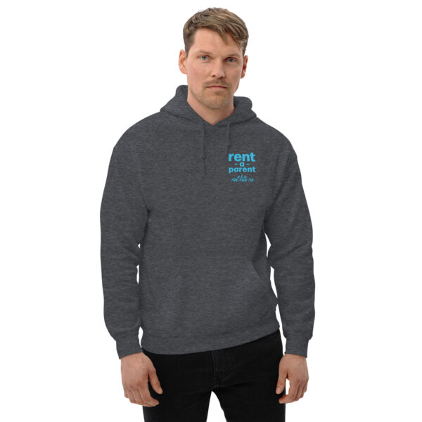 Unisex dark heather grey heavy blend hoodie on man, blue text on one side says rent - a - parent in regular arial like font with a . k . a the fun tia underneath in italic like font