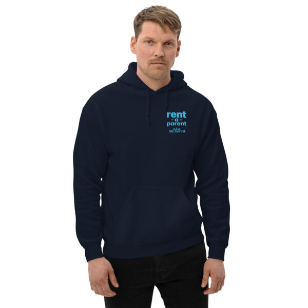 Unisex navy heavy blend hoodie on man, blue text on one side says rent - a - parent in regular arial like font with a . k . a the fun tia underneath in italic like font