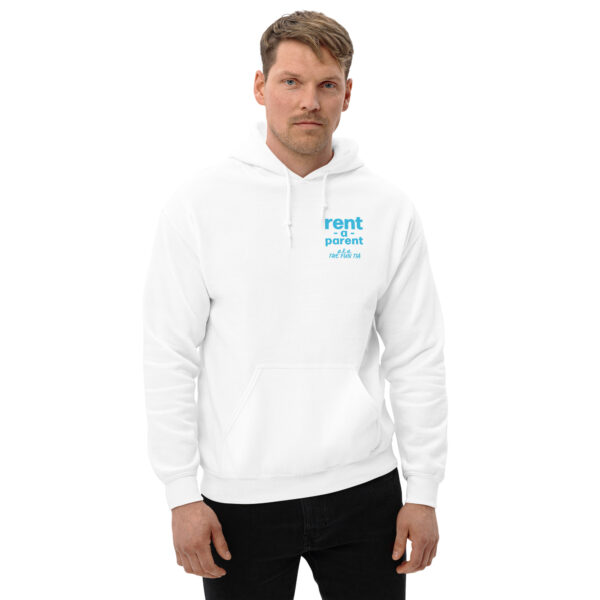 Unisex white heavy blend hoodie on man, blue text on one side says rent - a - parent in regular arial like font with a . k . a the fun tia underneath in italic like font