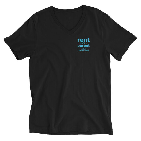 Unisex black v neck t shirt, blue text on one side says rent - a - parent in regular arial font, a . k . a the fun tia underneath in italic like font