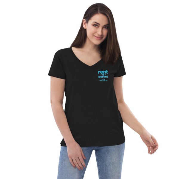 Womens black v neck t shirt, blue text on one side says rent - a - parent in regular arial font, a . k . a the fun tia in italic like font underneath on a woman