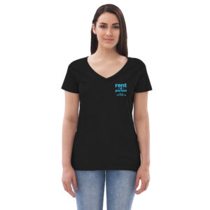 Womens black v neck t shirt, blue text on one side says rent - a - parent in regular arial font, a . k . a the fun tia in italic like font underneath on a woman