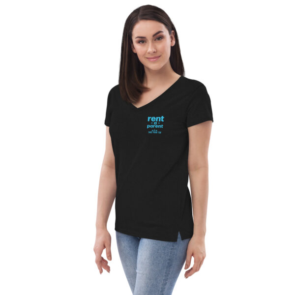 Womens black v neck t shirt, blue text on one side says rent - a - parent in regular arial font, a . k . a the fun tia in italic like font underneath on a woman