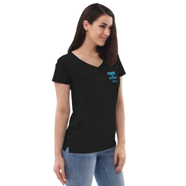 Womens black v neck t shirt, blue text on one side says rent - a - parent in regular arial font, a . k . a the fun tia in italic like font underneath on a woman