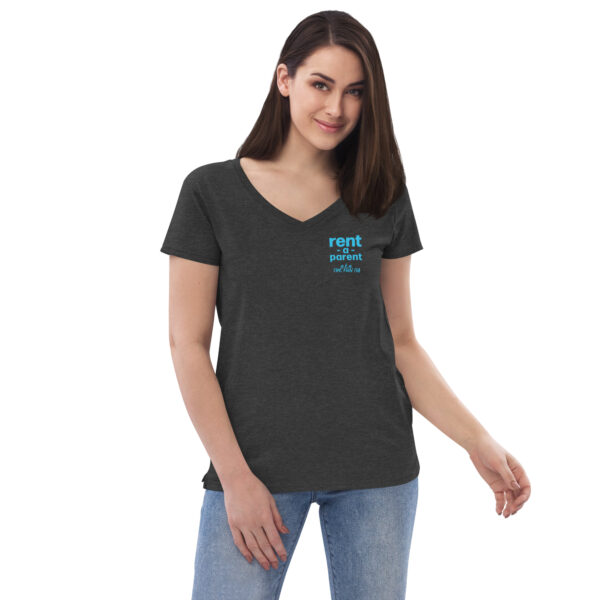 Womens charcoal heather v neck t shirt, blue text on one side says rent - a - parent in regular arial font, a . k . a the fun tia in italic like font underneath on a woman