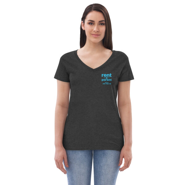 Womens charcoal heather v neck t shirt, blue text on one side says rent - a - parent in regular arial font, a . k . a the fun tia in italic like font underneath on a woman