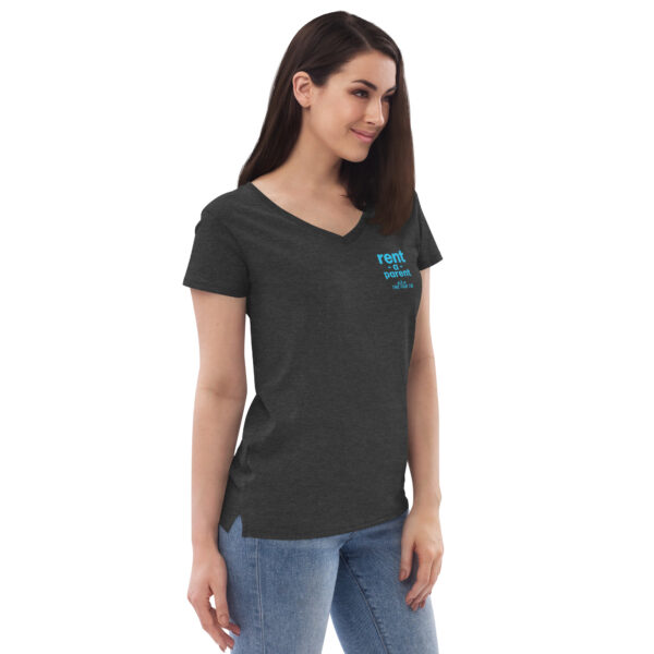 Womens charcoal heather v neck t shirt, blue text on one side says rent - a - parent in regular arial font, a . k . a the fun tia in italic like font underneath on a woman