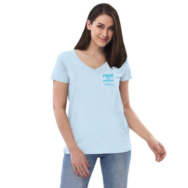 Womens light blue v neck t shirt, blue text on one side says rent - a - parent in regular arial font, a . k . a the fun tia in italic like font underneath on a woman