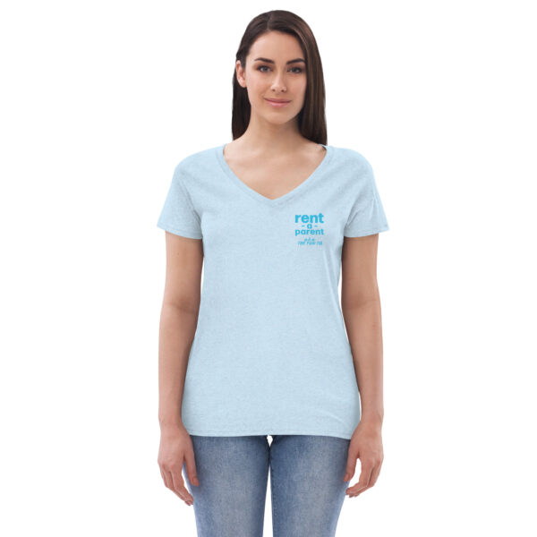 Womens light blue v neck t shirt, blue text on one side says rent - a - parent in regular arial font, a . k . a the fun tia in italic like font underneath on a woman