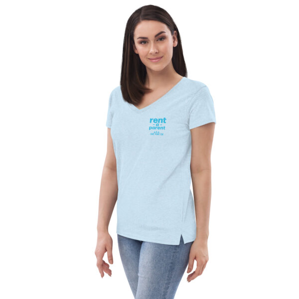 Womens light blue v neck t shirt, blue text on one side says rent - a - parent in regular arial font, a . k . a the fun tia in italic like font underneath on a woman