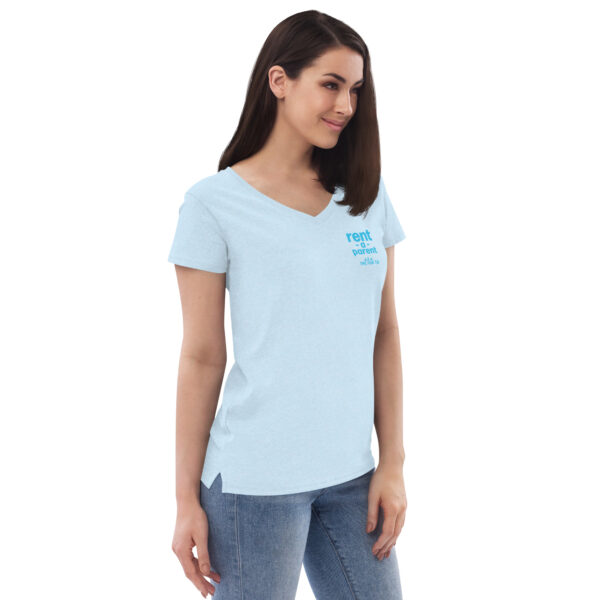 Womens light blue v neck t shirt, blue text on one side says rent - a - parent in regular arial font, a . k . a the fun tia in italic like font underneath on a woman