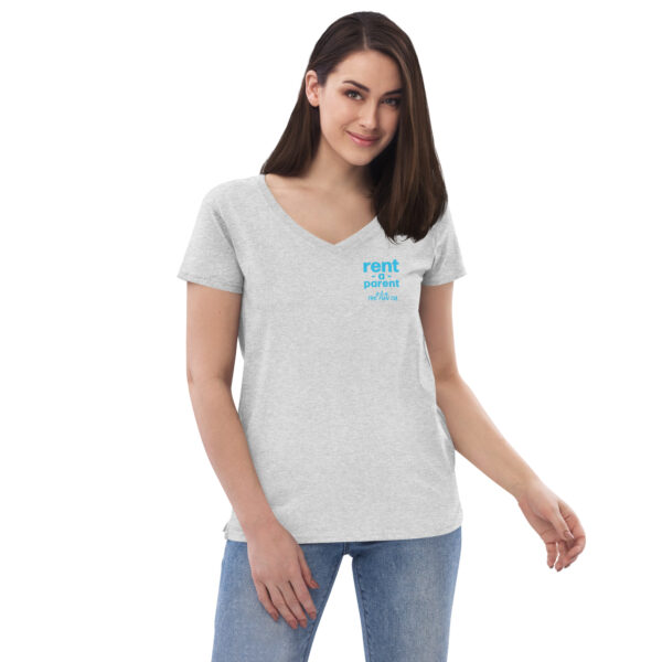 Womens heather grey v neck t shirt, blue text on one side says rent - a - parent in regular arial font, a . k . a the fun tia in italic like font underneath on a woman