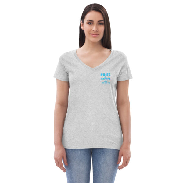 Womens heather grey v neck t shirt, blue text on one side says rent - a - parent in regular arial font, a . k . a the fun tia in italic like font underneath on a woman