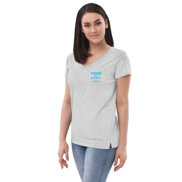 Womens heather grey v neck t shirt, blue text on one side says rent - a - parent in regular arial font, a . k . a the fun tia in italic like font underneath on a woman