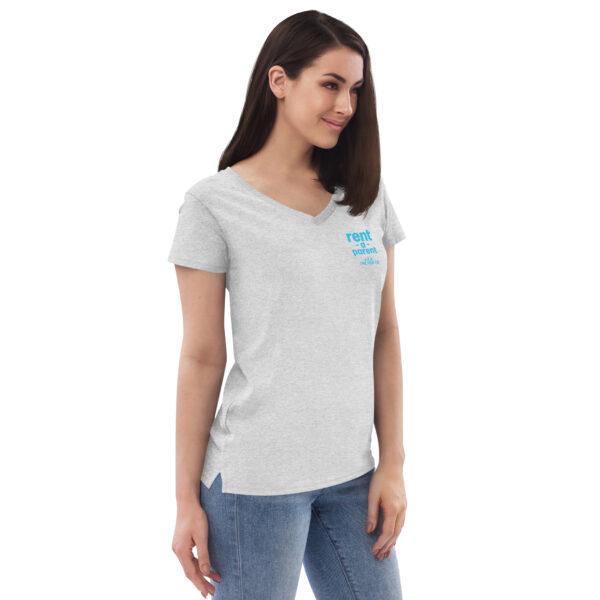 Womens heather grey v neck t shirt, blue text on one side says rent - a - parent in regular arial font, a . k . a the fun tia in italic like font underneath on a woman