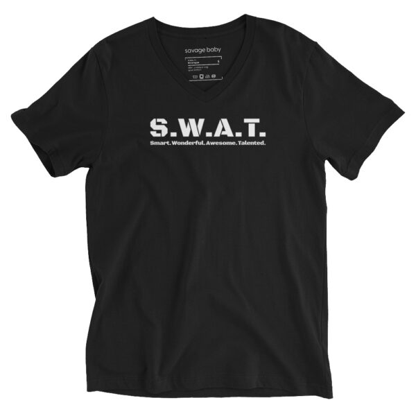 Unisex black v neck tee, one side says swat written out phonetically with smart wonderful awesome talented written out dictionary style underneath